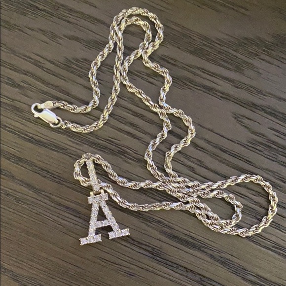 Sterling silver rope chain with diamond A pendant
